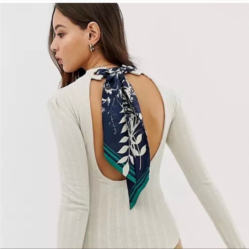 Free People Cream Blouse with Navy Scarf Detail